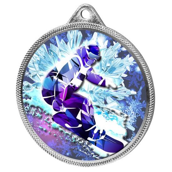 Snowboarding 3D Texture Print Full Color 2 1/8&quot; Medal - Silver