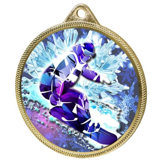 Snowboarding 3D Texture Print Full Color 2 1/8" Medal - Gold