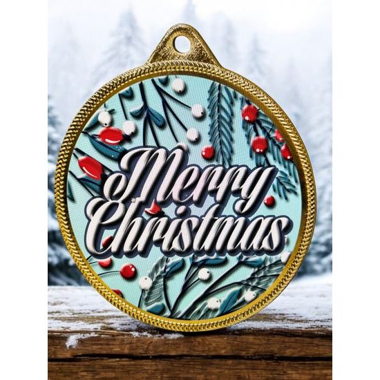 Merry Christmas 3D Texture Print Full Color 2 1/8 Medal - Gold