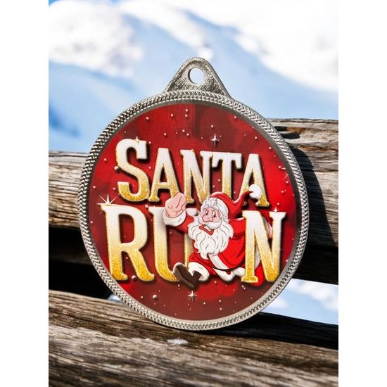 Santa Run (Red) Christmas 3D Texture Print Full Color 2 1/8 Medal - Silver