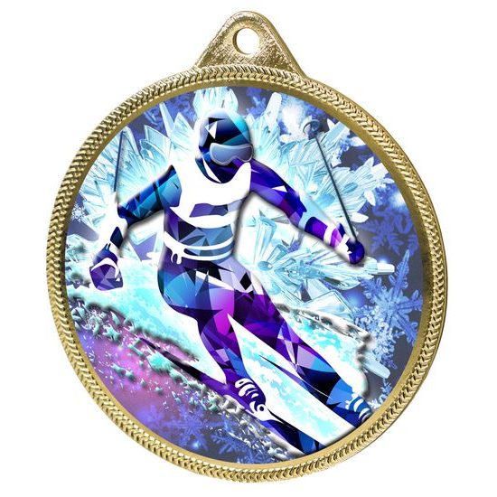 Skiing 3D Texture Print Full Color 2 1/8&quot; Medal - Gold