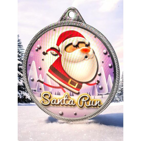 Santa Run (Pink) Christmas 3D Texture Print Full Color 2 1/8 Medal - Silver