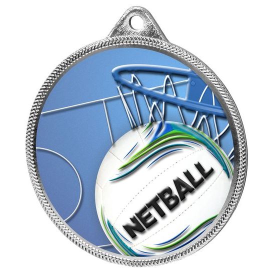 Netball 3D Texture Print Full Color 2 1/8&quot; Medal - Silver