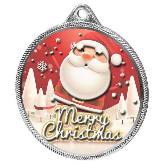 Merry Christmas Santa 3D Texture Print Full Color 2 1/8 Medal - Silver