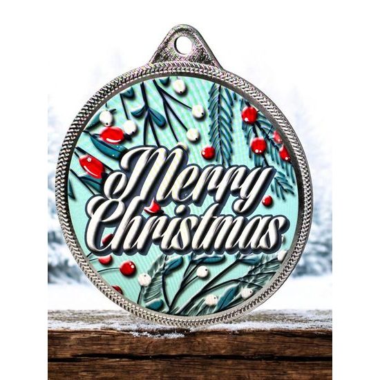 Merry Christmas 3D Texture Print Full Color 2 1/8 Medal - Silver
