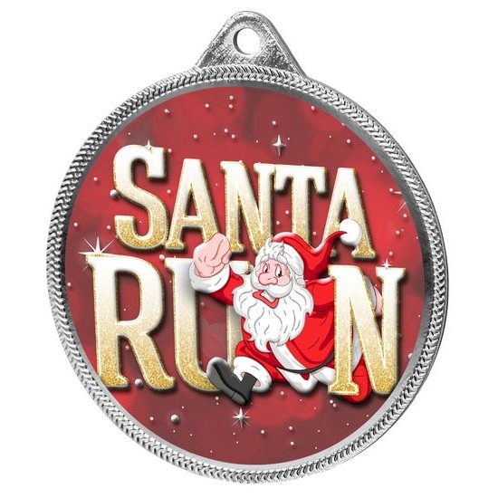 Santa Run (Red) Christmas 3D Texture Print Full Color 2 1/8 Medal - Silver