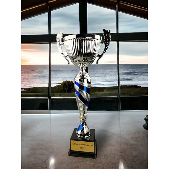 Denver Silver and Blue Cup on a Black PVC Base