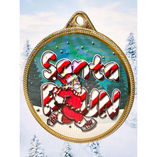 Santa Run (Blue) Christmas 3D Texture Print Full Color 2 1/8 Medal - Gold
