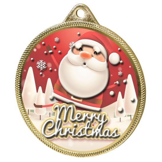 Merry Christmas Santa 3D Texture Print Full Color 2 1/8 Medal - Gold