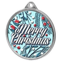 Merry Christmas 3D Texture Print Full Colour 55mm Medal - Silver