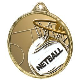 Netball 3D Texture Print Antique Colour 55mm Medal - Gold