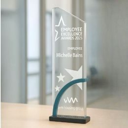 Prismia Engraved Glass Award on Blue Metal Stand