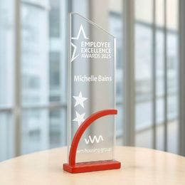 Prismia Engraved Glass Award on Red Metal Stand