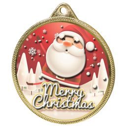 Merry Christmas Santa 3D Texture Print Full Colour 55mm Medal - Gold