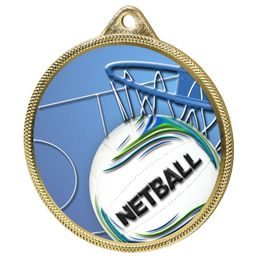 Netball 3D Texture Print Full Colour 55mm Medal - Gold