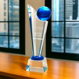 Dolomite 3D Crystal Blue Engraved Globe Award