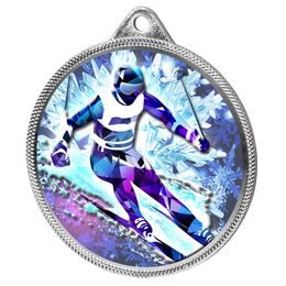 Skiing 3D Texture Print Full Colour 55mm Medal - Silver