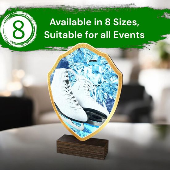 Arden Ice Skating White Boot Real Wood Shield Trophy