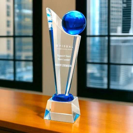 Dolomite 3D Crystal Blue Engraved Globe Award