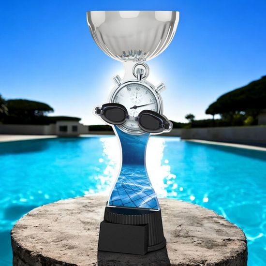Montreal Swimming Goggles and Stopwatch Silver Cup Trophy