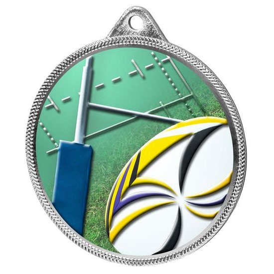 Rugby 3D Texture Print Full Colour 55mm Medal - Silver