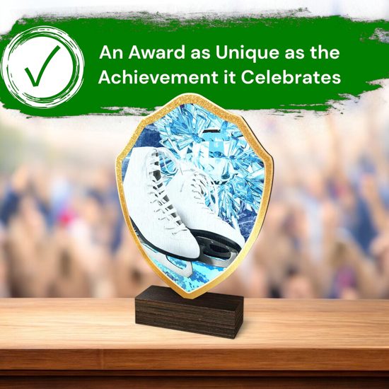 Arden Ice Skating White Boot Real Wood Shield Trophy