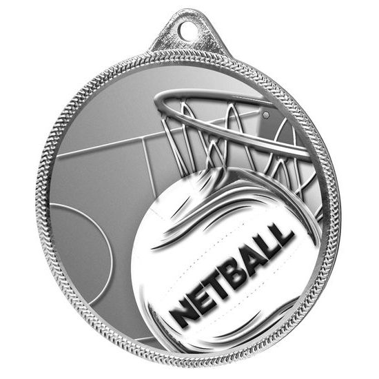 Netball 3D Texture Print Antique Colour 55mm Medal - Silver