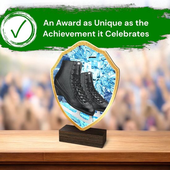 Arden Ice Skating Black Boot Real Wood Shield Trophy