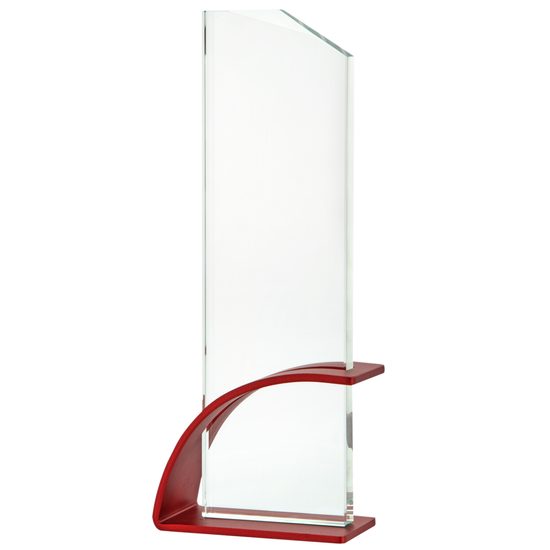 Prismia Engraved Glass Award on Red Metal Stand