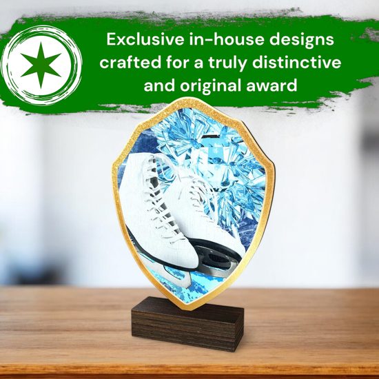 Arden Ice Skating White Boot Real Wood Shield Trophy