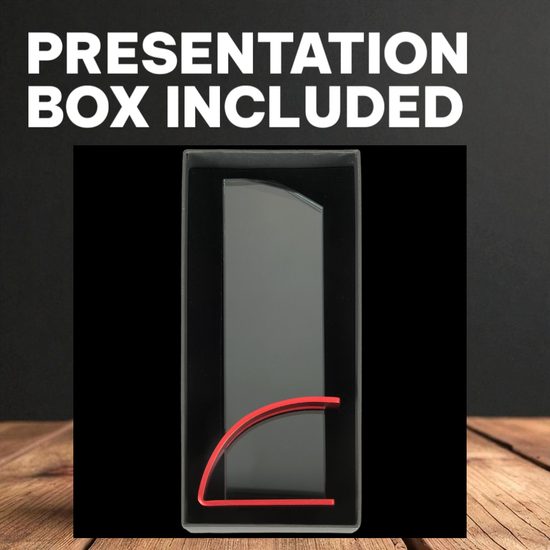 Prismia Engraved Glass Award on Red Metal Stand