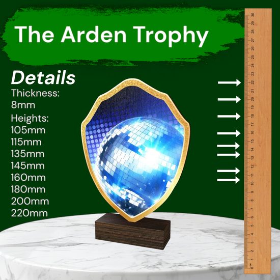 Arden Glitterball Blue Real Wood Shield Trophy