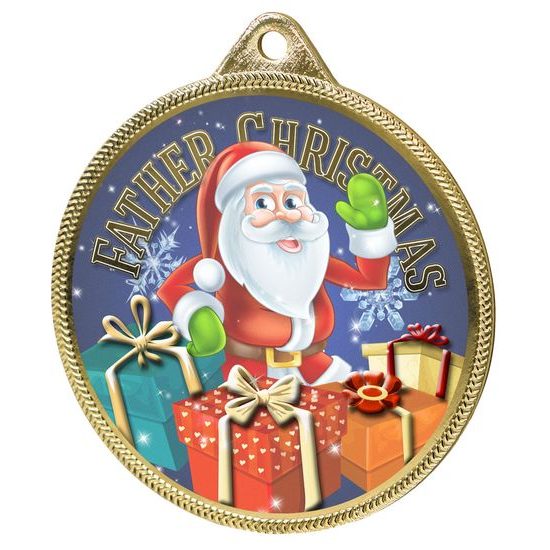 Father Christmas 3D Texture Print Full Colour 55mm Medal - Gold