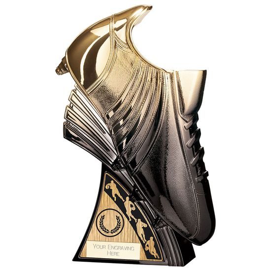 Power Boot Gold and Black Rugby Trophy (FREE LOGO)