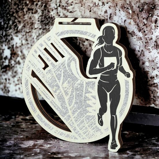 Acacia Female Running Silver Eco Friendly Wooden Medal