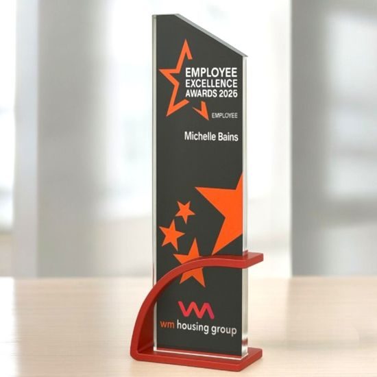 Prismia Full Colour UV Printed Glass Award on Red Metal Stand