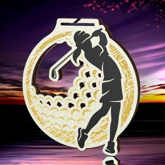 Acacia Female Golfer Gold Eco Friendly Wooden Medal