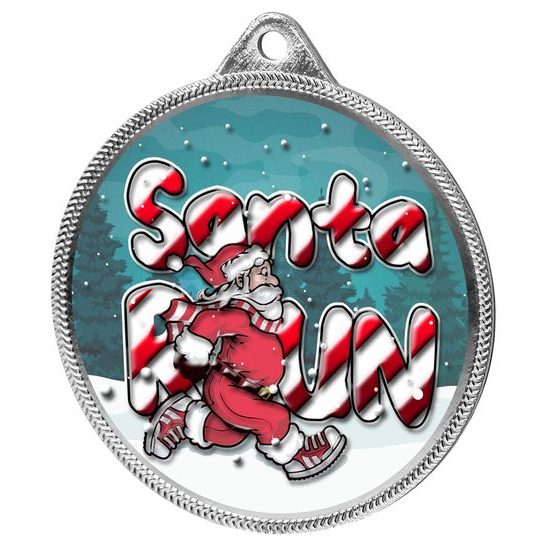 Santa Run (Blue) Christmas 3D Texture Print Full Colour 55mm Medal - Silver