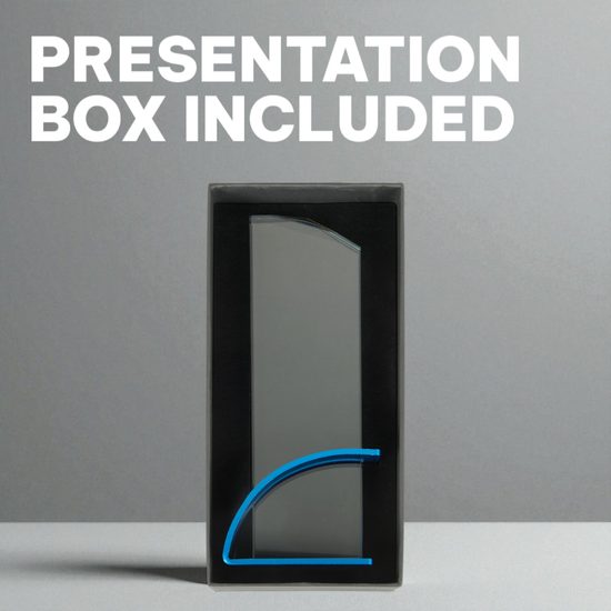 Prismia Engraved Glass Award on Blue Metal Stand