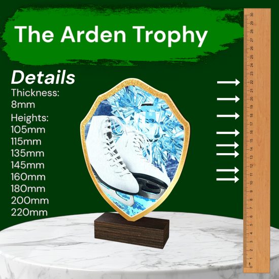 Arden Ice Skating White Boot Real Wood Shield Trophy