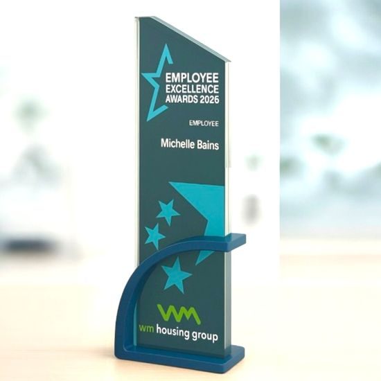 Prismia Full Colour UV Printed Glass Award on Blue Metal Stand