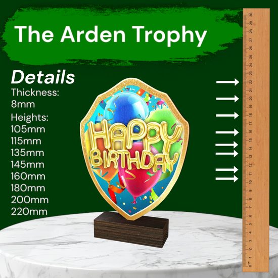 Arden Happy Birthday Real Wood Shield Trophy