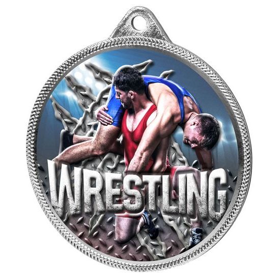 Wrestling Colour Texture 3D Print Silver Medal