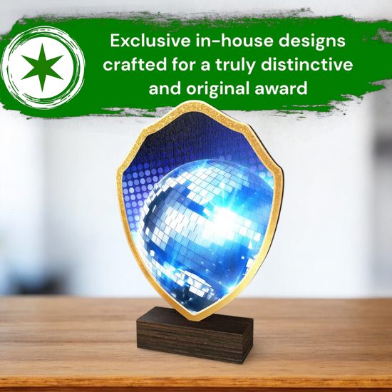Arden Glitterball Blue Real Wood Shield Trophy