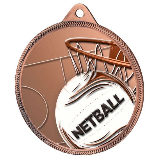 Netball 3D Texture Print Antique Colour 55mm Medal - Bronze
