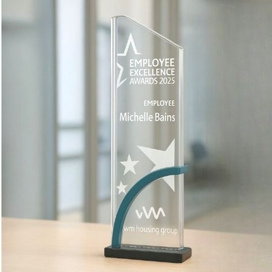 Prismia Engraved Glass Award on Blue Metal Stand
