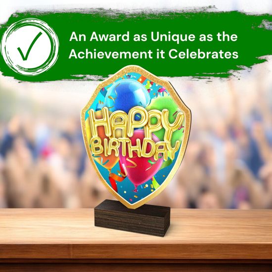 Arden Happy Birthday Real Wood Shield Trophy