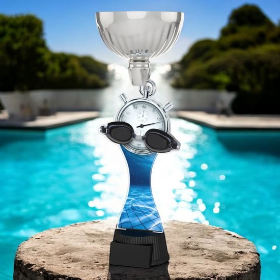 Montreal Swimming Goggles and Stopwatch Silver Cup Trophy