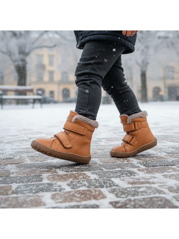 FRODDO KOTNÍKOVÉ ZIMNÍ FURRY BOOT Cognac | Dětské zimní zateplené barefoot boty