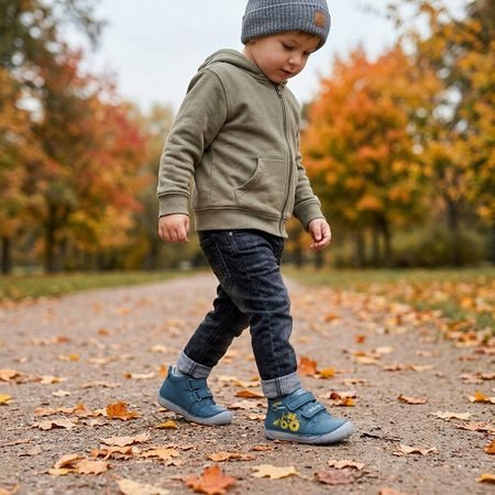 Chlapec v dětských barefoot botách D.D.STEP S070-62964B na podzimní procházce